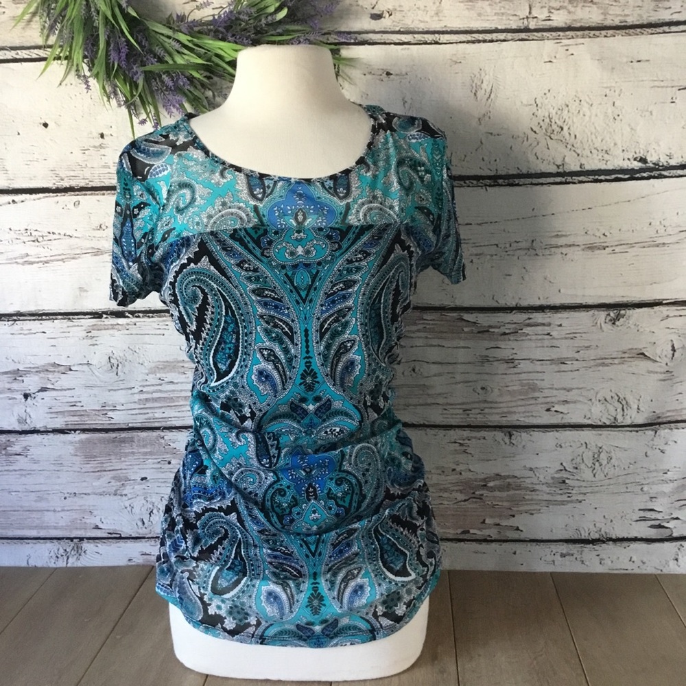 INC short sleeve ruched paisley illusion top